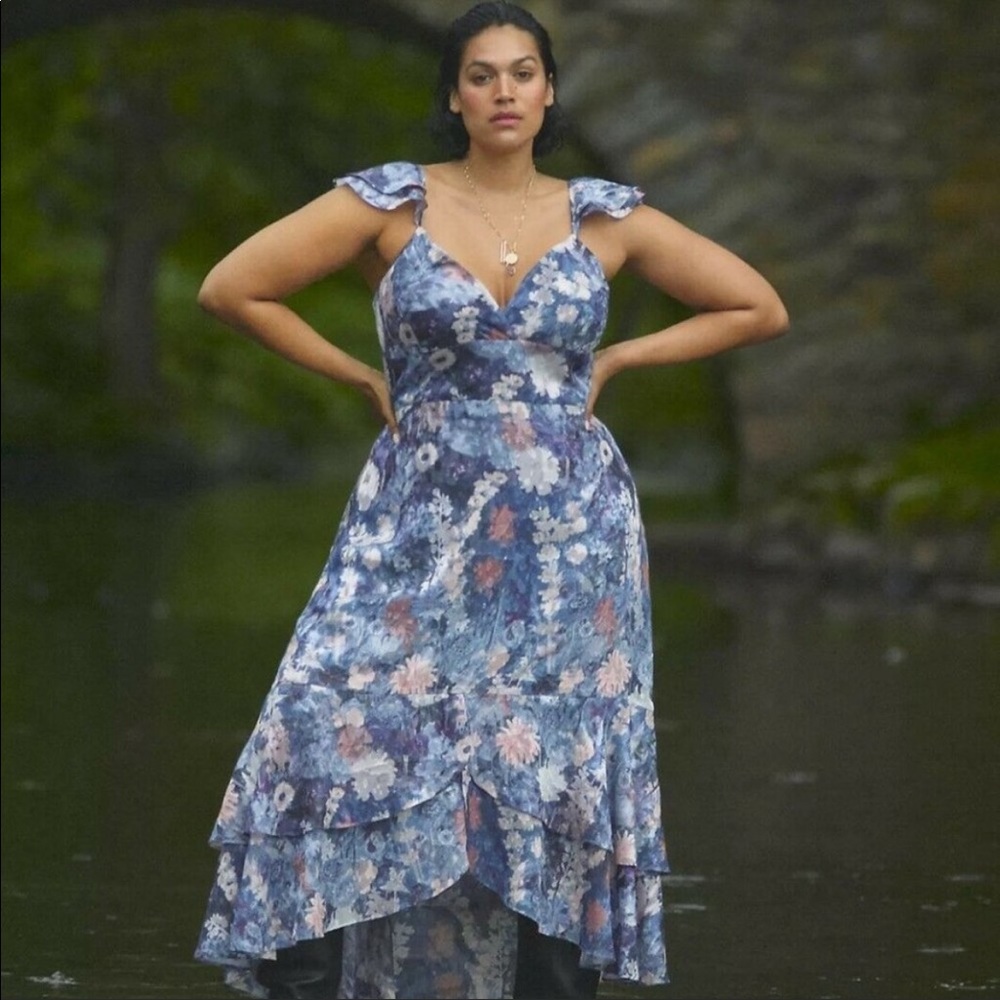 Anthropologie Blue Floral Midi Dress
